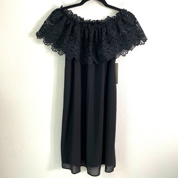 NEW Eliza J Womens 4 Black Off The Shoulder Mini Dress Lace Shear Lined - Picture 2 of 9